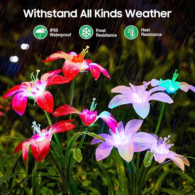 Solar Garden Lights Outdoor, 6 Pack Blooming Lily Solar Flowers Outdoor Waterproof, 7 Color Changing Bigger Solar Flower Lights for Yard Patio Outside Decorative Mom Gifts