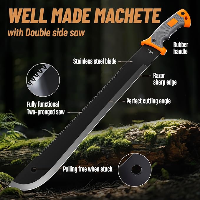Machete with Saw - 25” Heavy Duty Tool & Sheath - Ergonomic No-Slip Handle - Survival Knife with Serrated Blade - Machetes for Bushcraft Outdoor Hunting Garden Cutting Trees and Yard Work