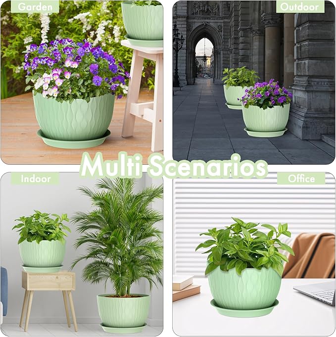12 Inch Large Plant Pots for Indoor or Outdoor Plants, Wide Water Ripples Flower Pots with Drainage Holes & Saucer, Plastic Planters Set for Garden & Home Decor (Green)