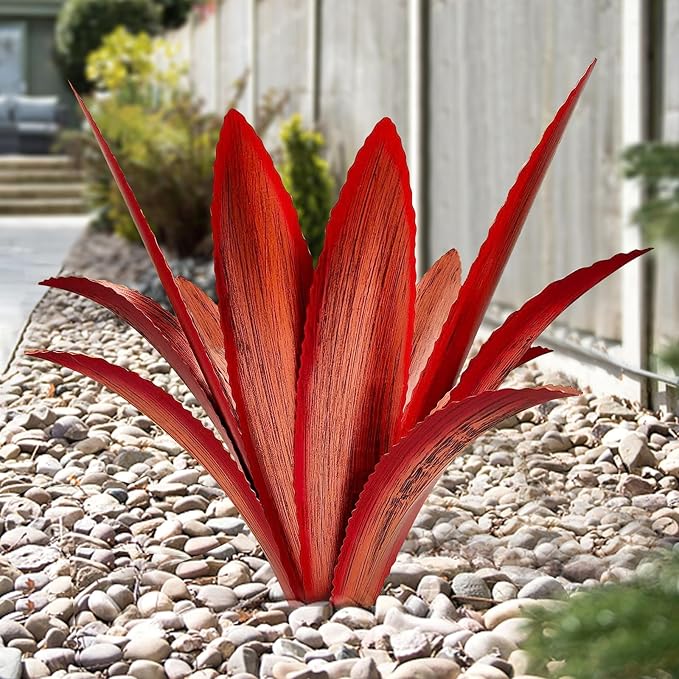 Enlarge Thickened Wind Resistant Metal Agave Garden Art Metal Plant Country Garden Sculpture Statue Outdoor Decoration Agave Metal Plant Courtyard Garden Lawn Ornament Gift (1, 12 Leaves red)
