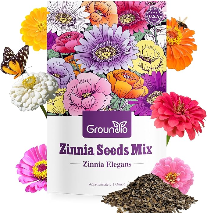 Zinnia Seeds Mix, 1 Oz, Over 3,000 Flowers Seeds, 5 Varieties Garden Seeds (Pink, Yellow, Orange, White, Purple), Mixed Colors and Large Blooms, Seeds for Planting, Open Pollinated - Bulk