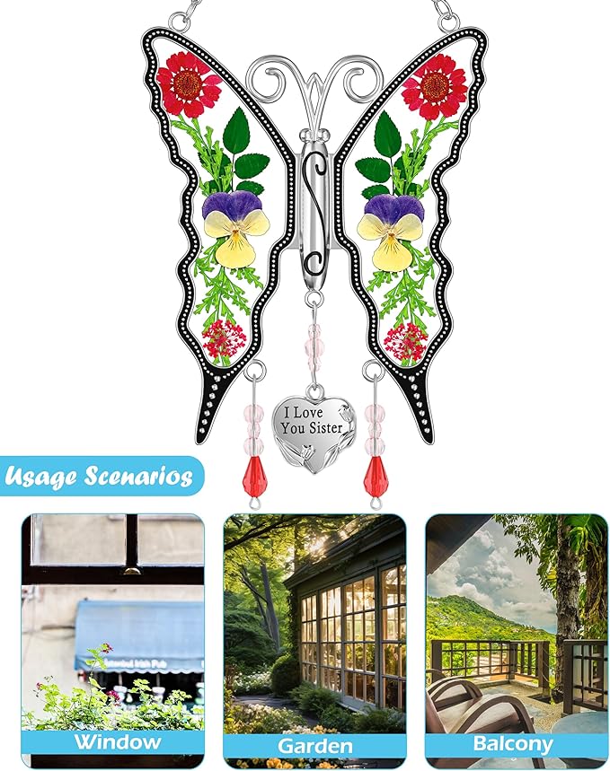 KY&BOSAM Butterfly Suncatcher I Love You Sister Stain Glass Suncatchers for Window Hanging Wind Chime Pressed Flower Between Wings and Charm Birthday Gifts for Women Mother's Day Valentine's Christmas