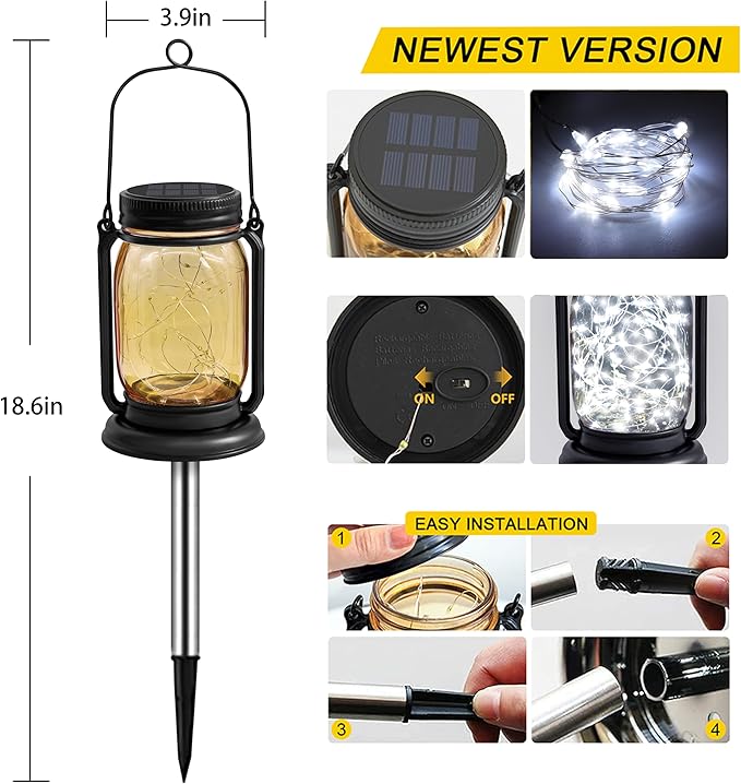4 Pack Hanging Solar Lantern Lights, 30LED Vintage Glass Mason Jar Solar Fairy Lights Outdoor Decorative Waterproof Table Lamp with Stakes for Patio Yard Lawn Tree