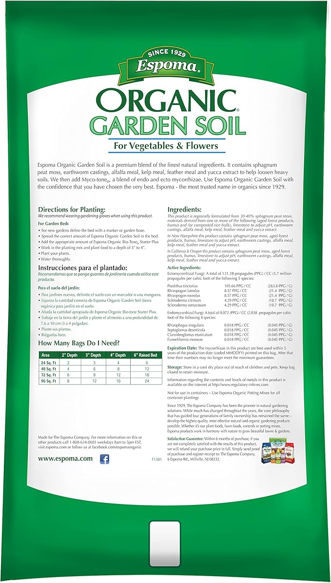 Espoma Organic Vegetable & Flower Garden Soil Natural and Organic in Ground Planting Mix. Use when Planting & Transplanting. For Organic Gardening. 1 Cubic Foot Bag