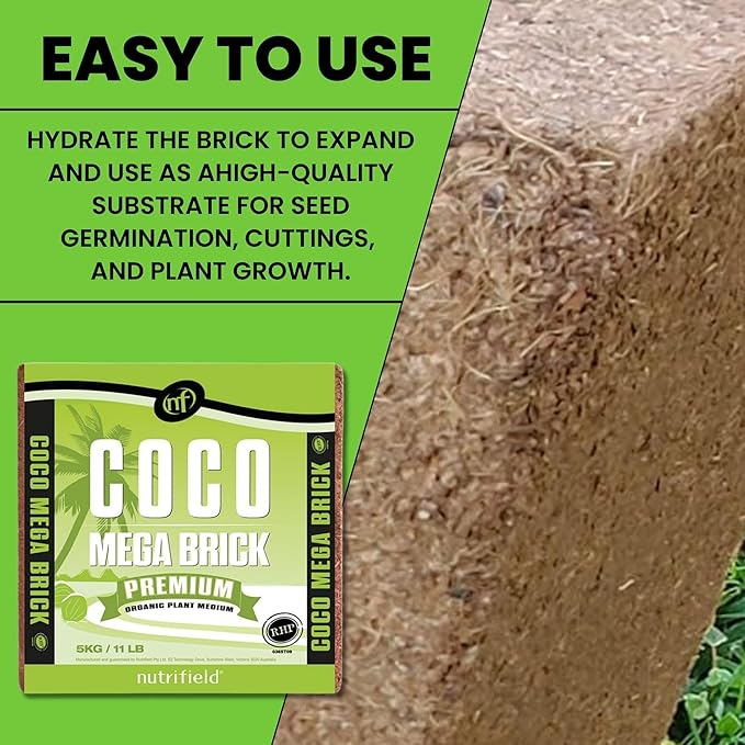 Coco Coir Mega Brick Organic Coconut Coir 11 Pound Coco Fiber Compressed Block Pre Washed Buffered RHP Cert Potting Soil Indoor Outdoor Plant Garden Use Vegetable Flower Seed Starter Mushrooms