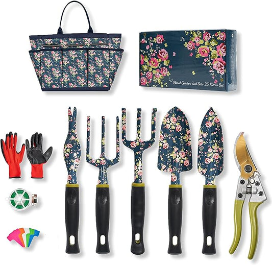 Garden Tool Set, 25Pcs Heavy Duty Floral Garden Tools, Aluminum Rust-Proof Gardening Kit with Garden Shovel, Trowel, Pruner, Gloves, Ideal Gardening Gift