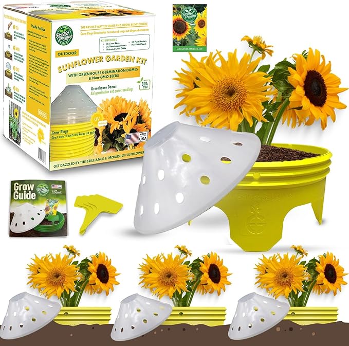 Sunflower Garden Kit with Grow Rings, Greenhouse Germination Domes, Seeds, Markers, Instructions – Gardening Gift for Mom, Teachers, Women, and Men – Made in USA
