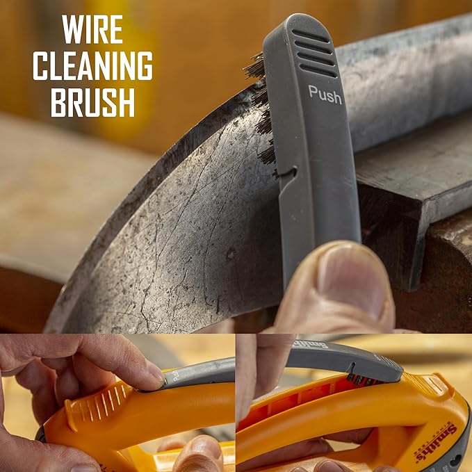 Smith’s 50582 Axe & Machete Sharpener - Axe, Machete, Hatchet, & Mower Tools - Large Handle w/ Finger Guard - Handheld Manual - Replaceable Carbide Blades - Wire-Bristled Cleaning Brush - Durable