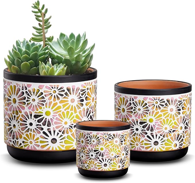 3 Piece Ceramic Plant Pots, 5.7/4.7/3.5/inch Planters with Drainage Hole, Outdoor Indoor Flower Pots Set, Modern Decorative Plant Pots for Lilies, Cacti, Succulents, Snakes, Bamboo(Black)