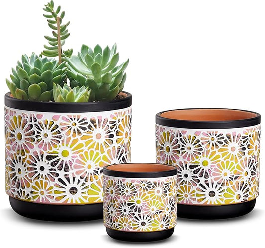 3 Piece Ceramic Plant Pots, 5.7/4.7/3.5/inch Planters with Drainage Hole, Outdoor Indoor Flower Pots Set, Modern Decorative Plant Pots for Lilies, Cacti, Succulents, Snakes, Bamboo(Black)