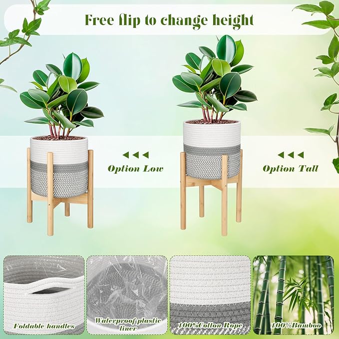 Plant Basket with Stand Indoor Planter Pot Holder Sturdy Jute Rope Modern Woven Basket, Cotton Rope Woven Pot with Bamboo Stand(10 Inch,White and Gray)