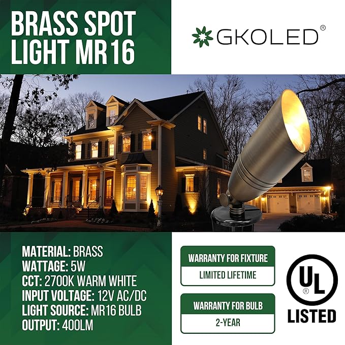GKOLED UL Listed Solid Brass Landscape Spotlight, Low Voltage Outdoor Directional Uplight, with 5W MR16 LED Bulb & Large Rugged Slot Spike, 12V AC/DC Garden Patio Spot Up Light