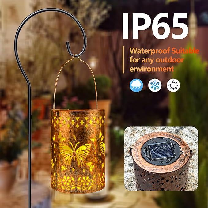 Solar Lanterns Outdoor Waterproof Butterfly Garden Decor Lantern Birthday Gifts for Women Mom Grandma, Hanging Lights Metal Decoration Outside for Yard, Patio, Backyard, Porch