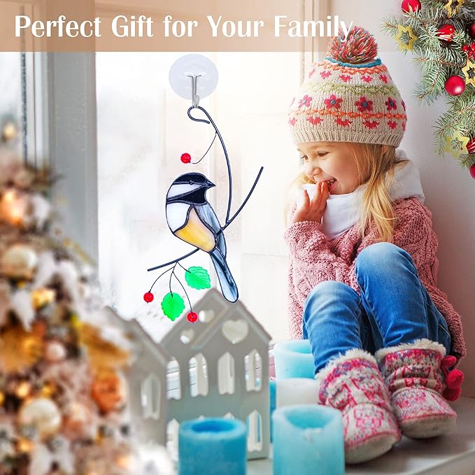 Lolitarcrafts Chickadee Stained Glass Suncatcher Bird Stained Glass Window Hangings for Window Decoration