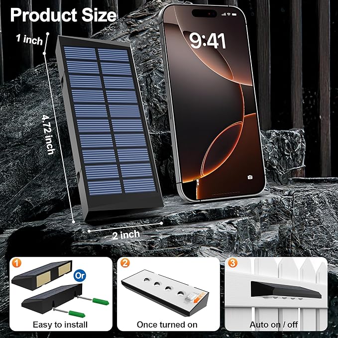 Solar Fence Lights Outdoor Waterproof IP65, 6 Pack Fence Lights Solar Powered 60 Lumens Auto On/Off Step Wall Lights Outside Decorations for Yard, Porch, Patio, Stairs, Pool, Deck, Garden-White Light