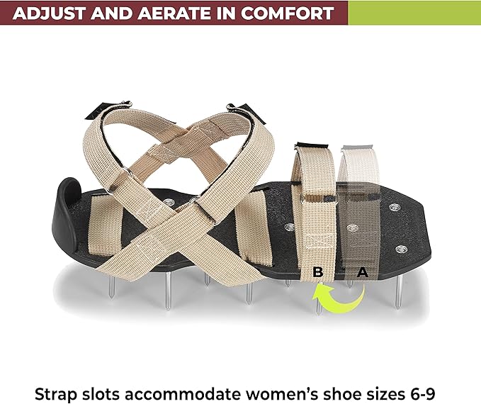 Lawn Aerator Shoes with Hook-and-Loop Straps, Pre-Assembled, Fully Adjustable, One-Size-Fits-All – Lawn and Garden Tool Reduces Thatch, Revives Soil Health (Camel)