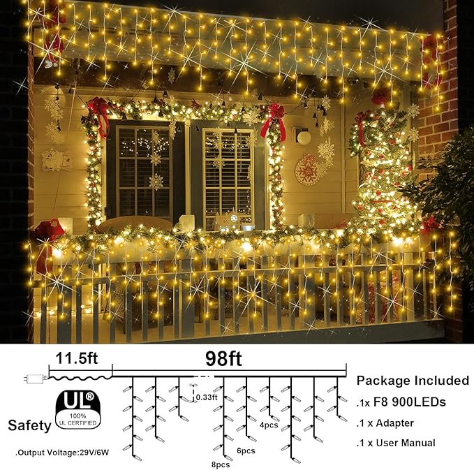 98FT 900LED F8 Upgraded Christmas Lights Decorations - 8 Modes Waterproof Outdoor Fairy String Lights With Memory and Timer - Plug-in for Holiday, Party, Wedding, Home, Roof