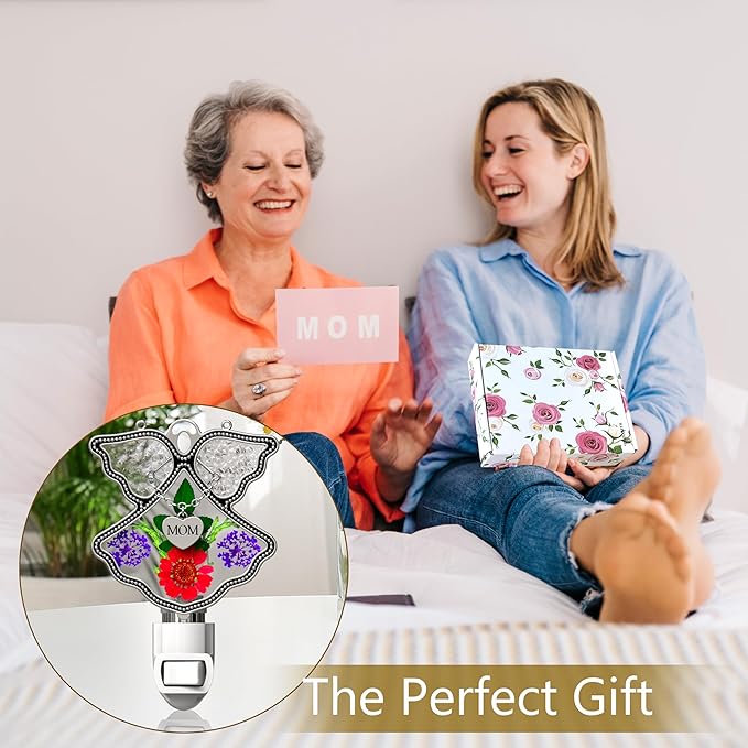 KY&BOSAM Night Light Mom Stained Glass Angel Night Lights Plug Into Wall with Real Flower in Glass and Metal Charm Night Light for Nursery Bedroom Bathroom Decorative Accent Lite Elegant Home Decor