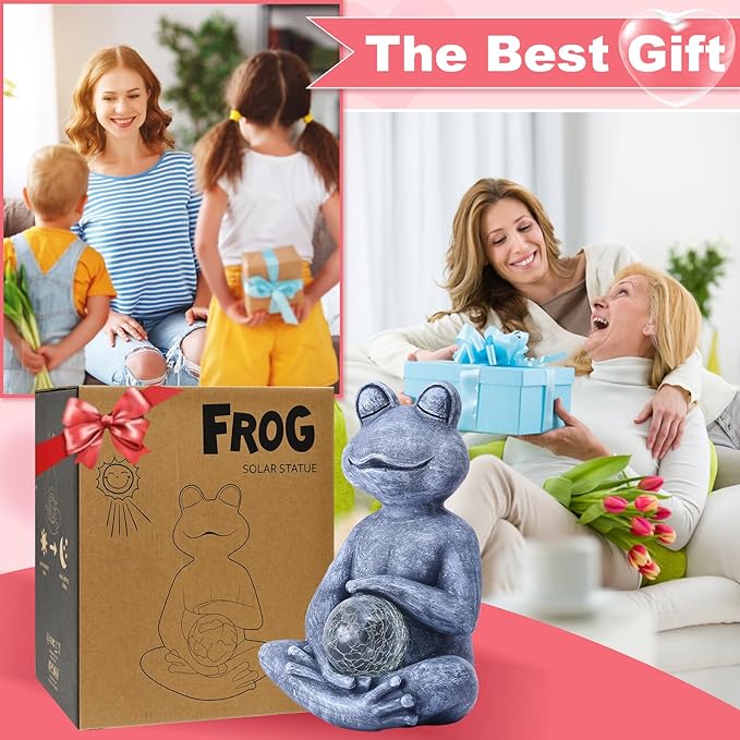 Meditating Yoga Frog Statue with Solar LED Light Ball - 10L x 11.1H Zen Garden Frog Figurines for Home and Garden Decor, Frog Decorations Gift Ideas, Frog Gifts for Women Mom