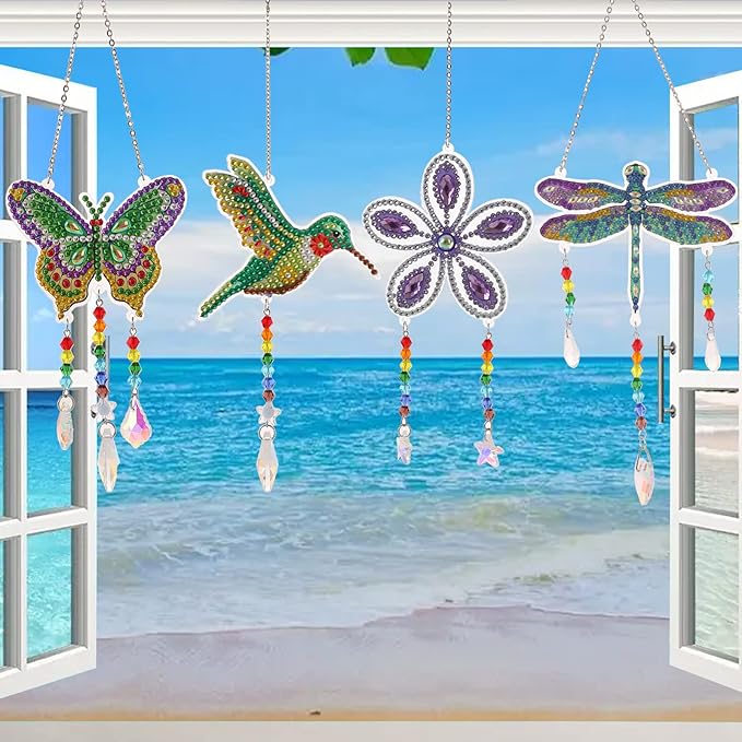 Bingcute Diamond Art Painting Suncatchers, 4 pcs Sun Catchers Diamond Art Painting Kits for Kids DIY Crafts for Adults Hummingbird Prism Crystal Suncatchers Wind Chime Windows Garden Decorations
