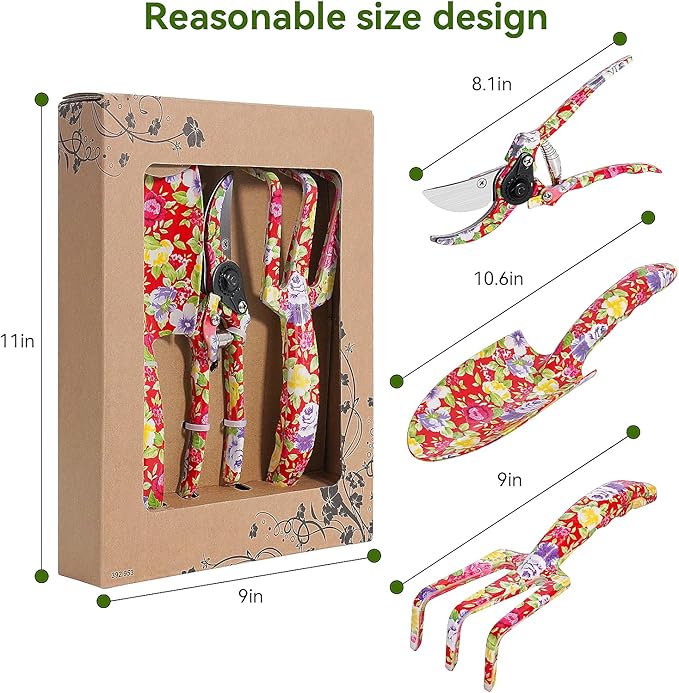 FLORA GUARD 3 Piece Aluminum Garden Tool Set - Trowel, Cultivator, Pruning Shear, Tool Set for Gardening Needs (Red)