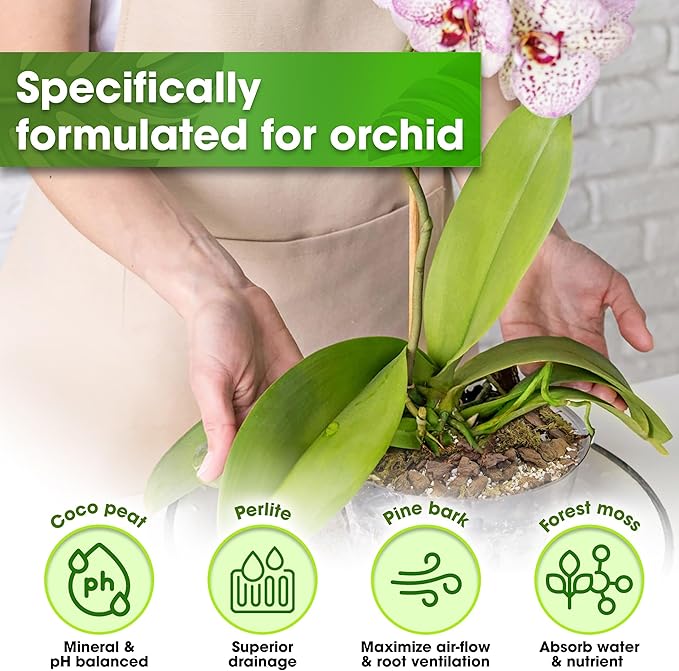 DUSPRO 6QT Orchid Potting Mix for Repotting with Moss Pine Bark Mulch Perlite Stone & Coco Peat Natural Ingredients, Orchid Bark Potting Mix, Orchid Repotting Kit Drainage Indoor Potting Medium Great