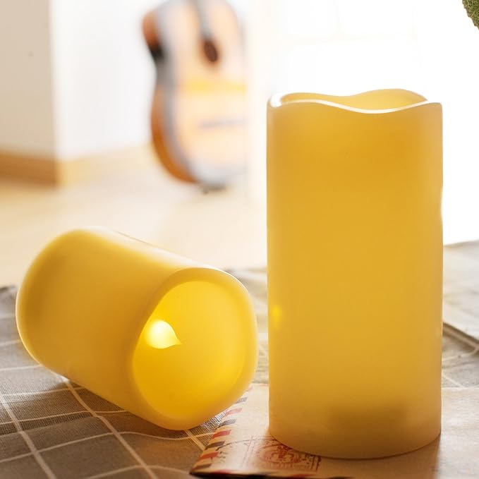 iZAN Set of 6 Outdoor Flameless Battery Operated LED Pillar Candles with Remote Timer Waterproof Flickering Electric Decorative Lights for Christmas Home Wedding Party Festival Decorations 3" x5”