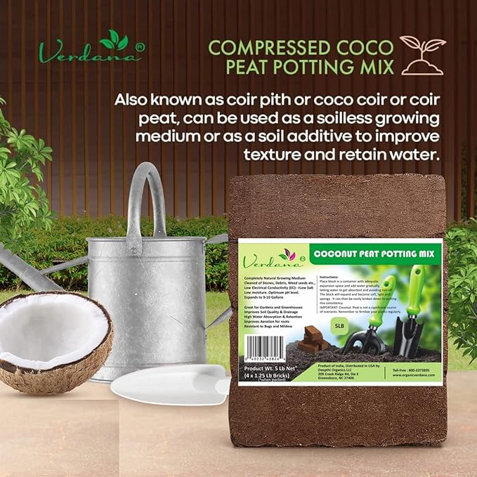 Verdana Coco Coir Brick Potting Mix – 5 Lb Pack - 4X 1.25 Lb Compressed Bricks - Coconut Fiber, Coco Peat - Alternative to Peat Moss – Soilless Growing Medium - Low EC, Optimum pH, High Expansion