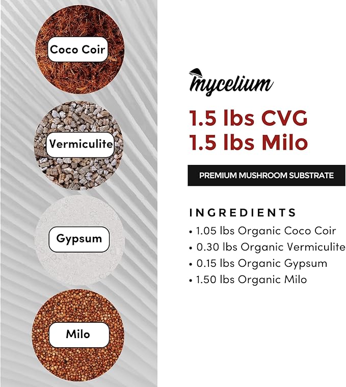 Mycelium's Superior Dung-Loving Mushroom Substrate & Milo Grain 3 LB All-in-One Bag – Organic Coco Coir, Vermiculite & Gypsum Formula, Pre-Sterilized & Ready for Easy Home Cultivation