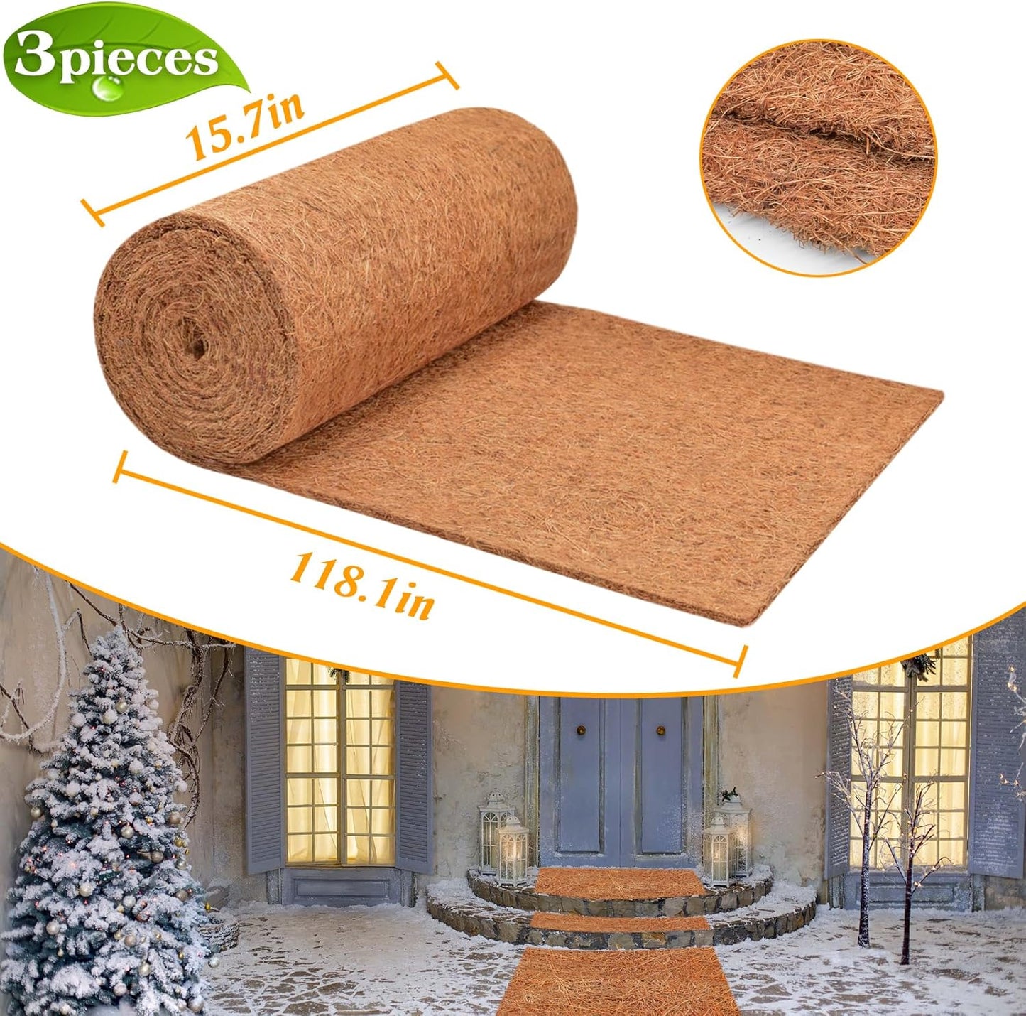 3 Pack Thickened No Slip Ice and Snow Carpet-16×118x0.28in Natural Coconut Fiber Carpet Mat Walking Safety, Winter Walkway Carpet Runner for Front Door Hallway Stairs Outdoor Patio Porch Garden
