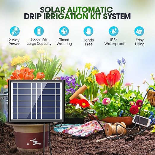 Drip Irrigation System - Skycow Solar & USB Power Automatic Drip Irrigation Kit System 15 Potted Indoor Outdoor Garden Balcony Anti-Siphoning Plant Watering System 25 Timing Mode (Digital Screen)