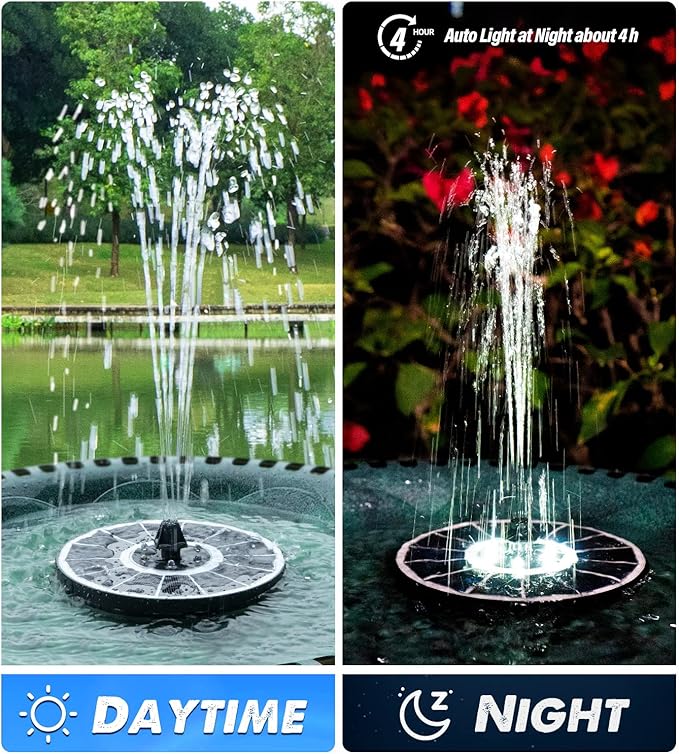 Solar Fountain Glass Panel with 2200 mah Battery, 3.5W Floating Solar Water Fountain with 4 Fixed Rods, Solar Fountain Pump for Bird Bath, Garden, Pond, Pool, Outdoor-White Lights