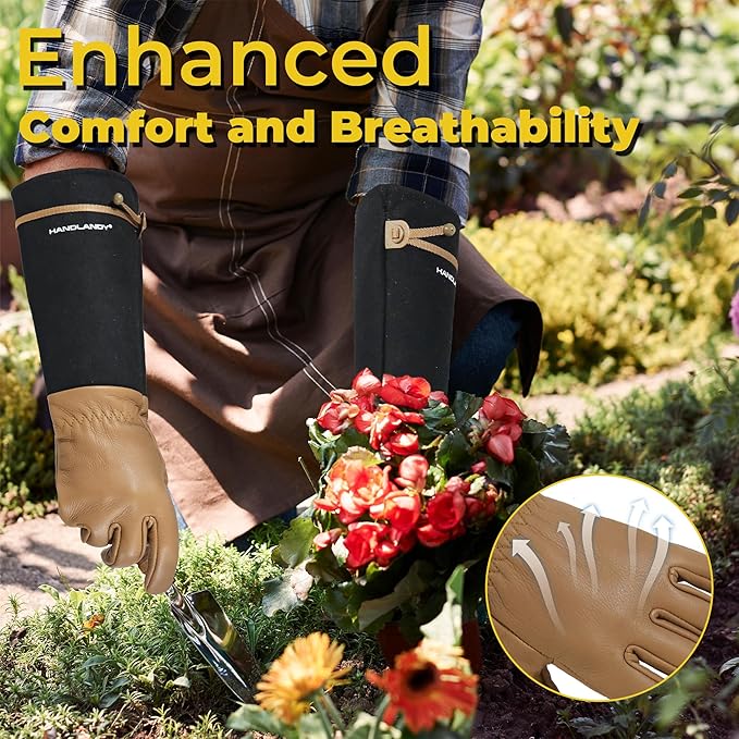 HANDLANDY Long Gardening Gloves for Men & Women, Cowhide Leather Rose Pruning Gloves, Breathable Thorn Proof Gauntlet Gloves (Brown-Cowhide, M)