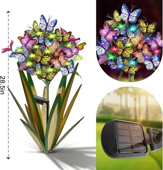 Solar Metal Agave Butterfly Flower Stick Garden Sculpture Outdoor Gift Solar Garden Christmas Lights Swaying Butterfly Garden Lights Solar Outdoor (2 PCS Light Green)