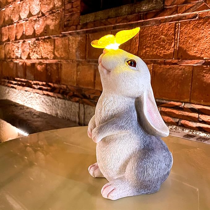 Solar Rabbit Statue Easter Bunny Decor Garden Statue for Outside, Rabbit with Butterfly Patio Sculptures Lawn Ornament, Funny Gifts for Women Mom Grandma Spring Outdoor Decor