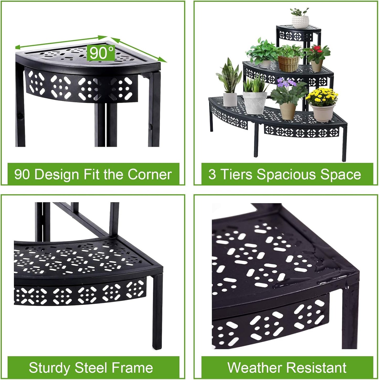 aboxoo 3 Tier Plant Stand Flower Pot Rack, Metal Stair-Step Style Corner Shelf Planters, Quarter Round Display Holder for Indoor Outdoor Use(Black, Semicircle)