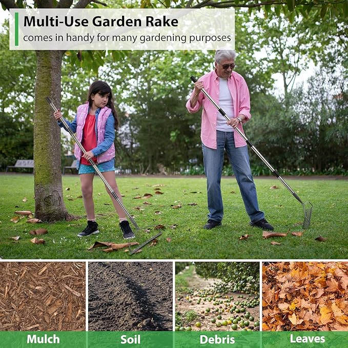 Rake for Leaves, Garden Bow Rake Heavy Duty, 48 in Leaf Rake for Lawns, Back-Saving Metal Rake with 14 Tines Rake Head, Yard Gardening Tools for Loosen Soil, Clear Gravel Grass Rock, Level Mulch