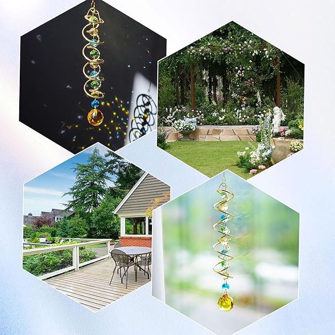 H&D HYALINE & DORA Glass Gazing Ball Spiral Tail Decorative Sun Catcher,17.7in Rainbow Maker Double-Spiral W/Yellow Crystal Ball Prism Sun Catcher for Indoor Outdoor Garden Decoration