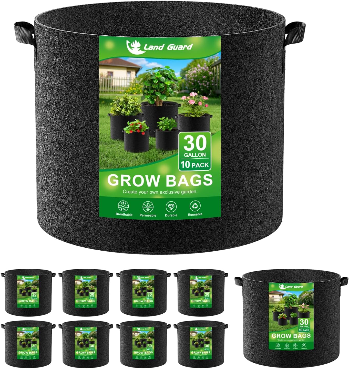 Land Guard 10-Pack Fabric Grow Bags 30 Gallon, Thickened Nonwoven Garden Pots, Growing Bags with Handles, Black