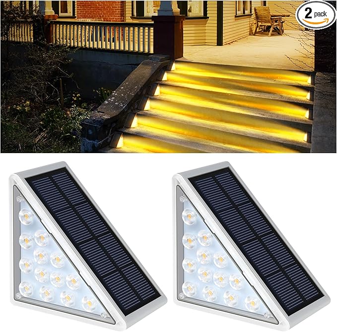 LED Solar Step Lights Waterproof Outdoor Stair Lights, Warm White Solar Deck & Pathway Lights IP67 for Yard, Patio, Garden, Front Door, Driveway, Porch 2PK
