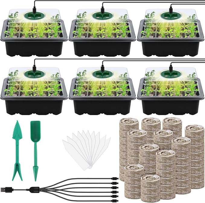 6 Pack Seed Starter Tray Kit with Grow Light and Humidity Dome Germination Trays with 72 Peat Pellets, Plant Labels, Gardening Tools, Plant Growing Trays for Seeds Growing Starting, Black
