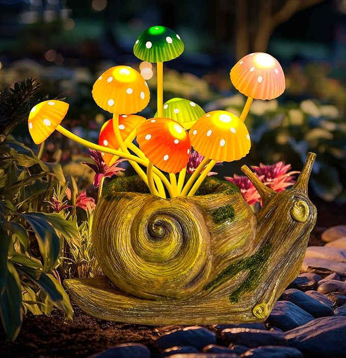 Solar Lights Outdoor Garden Statue,Cute Snails Figurines with Mushroom LED Solar Lights Fairy Garden Accessories,Birthday Gifts for Women Mom Gardening for Patio,Yard Art,Lawn Ornament,Porch,Backyard