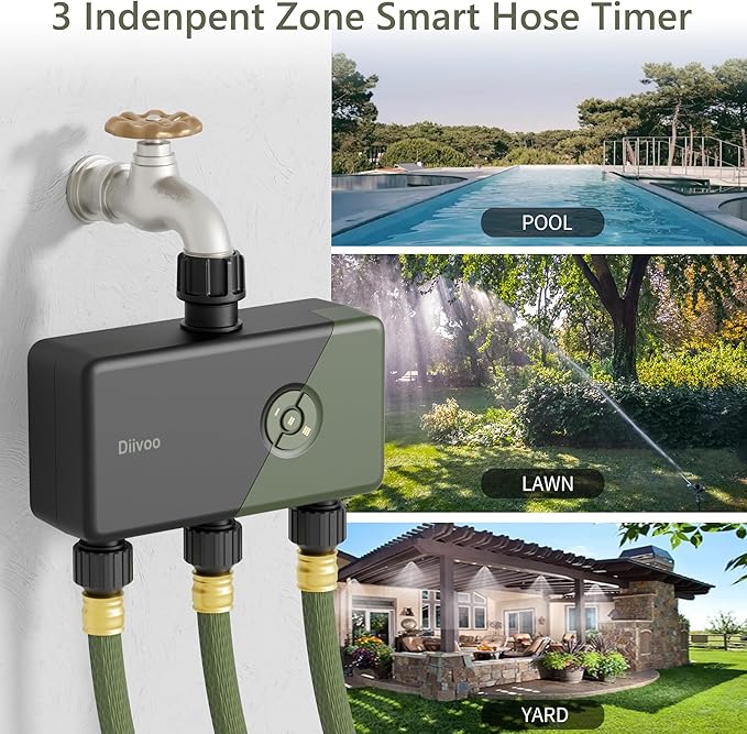 Diivoo WiFi Sprinkler Timer 3 Zone, Smart Water Hose Timer Compatible with Alexa and Google, Remote Control Irrigation Timer, Automatic Manual Watering, Rain Delay, for Garden, Yards and Lawns
