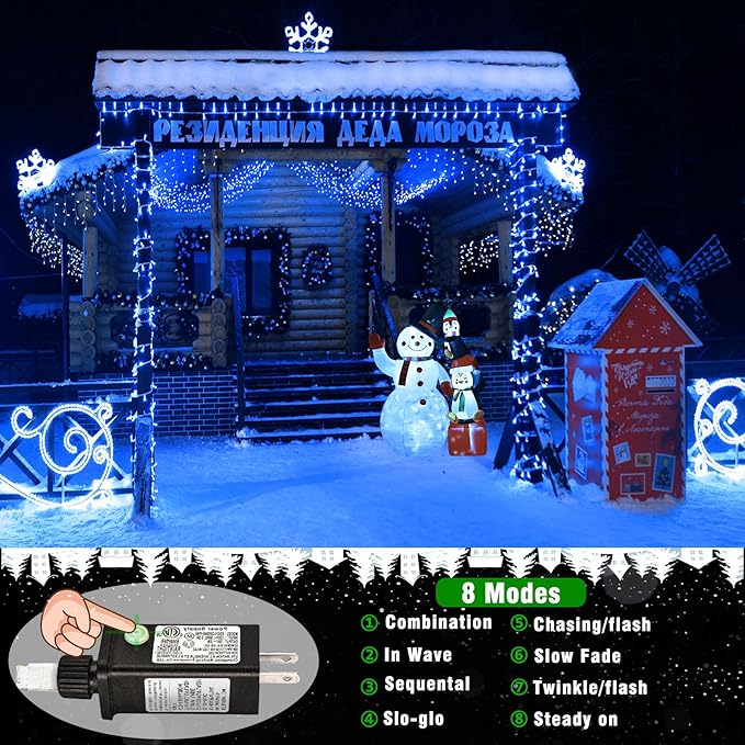 66ft 200 LED Christmas Lights Outdoor - 8 Modes Christmas String Lights Clear Wire with Time Memory, Waterproof Plug in Fairy String Lights for Indoor Outdoor Home Party Garden Decoration, Blue