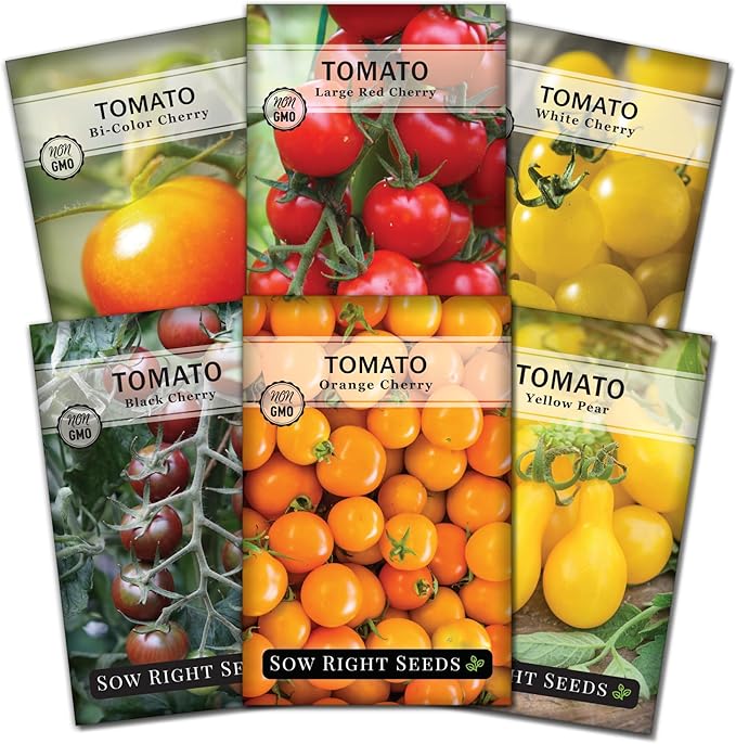 Sow Right Seeds - Cherry Tomato Seed Collection for Planting - Black, Large Red, White, Orange, Bi-Color Cherry and Yellow Pear Tomatoes - Non-GMO Heirloom Varieties to Plant a Home Vegetable Garden