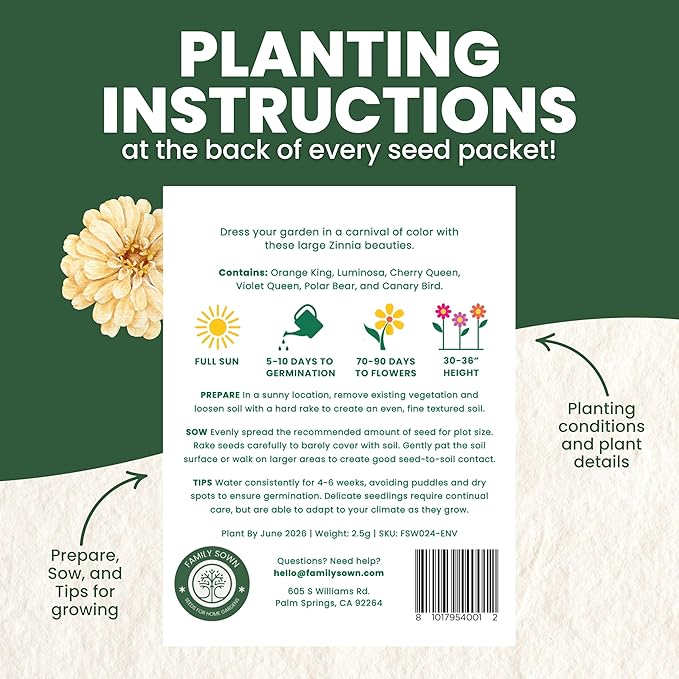 Zinnia California Giants - Large 2,500mg Envelope - 250 Flower Seeds for Planting - Zinnia elegans