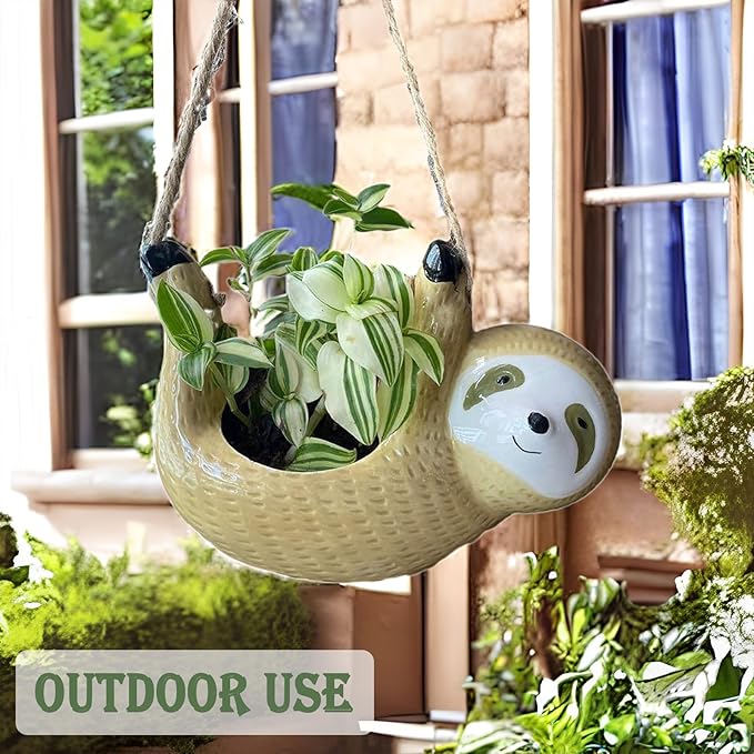 Gardening Gifts for Women, Sloth Gifts, Plant Gifts for Plant Lover Gardener Lady Mom, Cute Garden Gifts, Friend Birthday Gift, Ceramic Sloth Hanging Planter Pot for Indoor Plants Succulent Cactus
