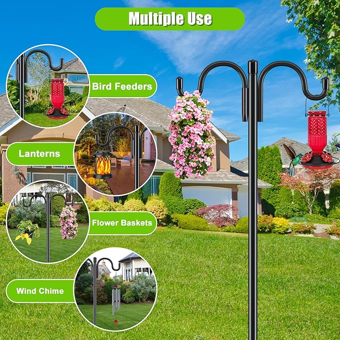 Gtongoko Double Shepherds Hook for Outdoor, 2 Pack 61.5 Inch Heavy Duty Bird Feeder Pole 3/4 Inch Thick Garden Hooks for Hanging Hummingbird Feeder, Plant Baskets, Solar Light Lanterns