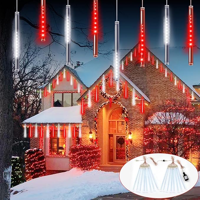 2-Pack Meteor Shower Lights Outdoor Waterproof, Rain Drop Christmas Lights Total 384 LED 30cm 16 Tubes Snow Cascading String Lights Plug in for Xmas Tree Wedding Party Garden Décor (Red and White)