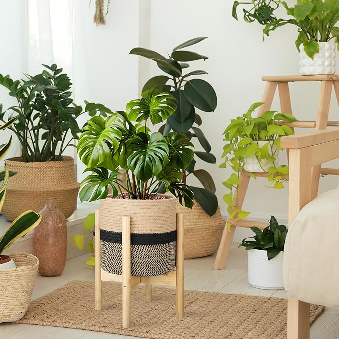 Plant Basket with Stand Indoor Planter Pot Holder Sturdy Jute Rope Modern Woven Basket, Cotton Rope Woven Pot with Bamboo Stand(10 Inch,Black and Beige Stripes)